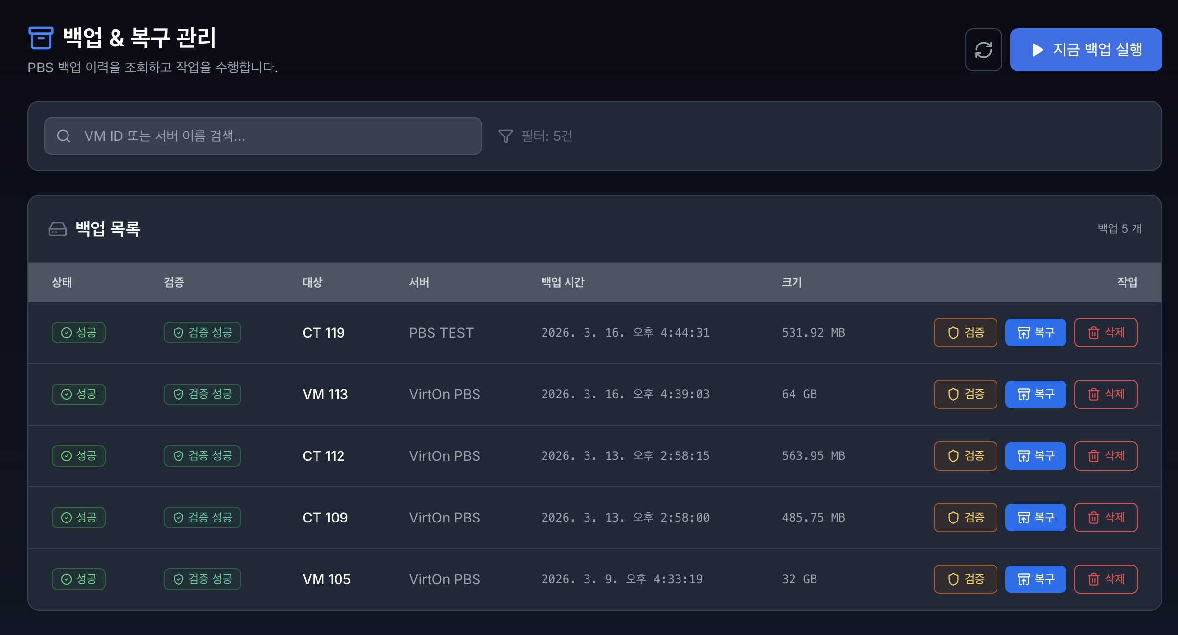 VirtOn PBS 백업 및 복구 메인 페이지